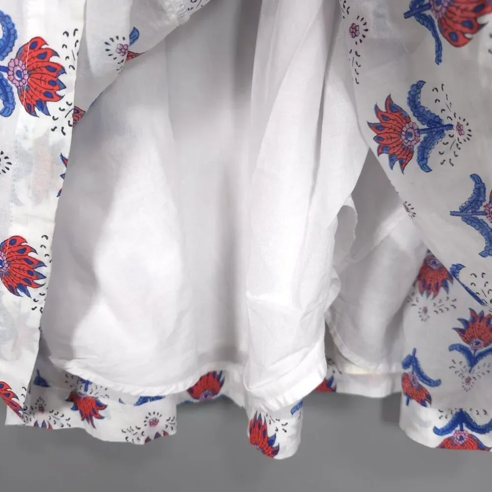 J.CREW‎ Midi Dress Size 14 White Floral Ruffle Sleeve Smocked Cotton Red Blue